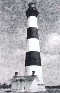 The Bodie Island Light Station has stood sentinel near Nags Head NC since 1872. B&W handcrafted alternative process photograph (original silver emulsion print from paper negative). "Bodie Island Light" © WJ Eastman. Offered by GALLERY5X7.