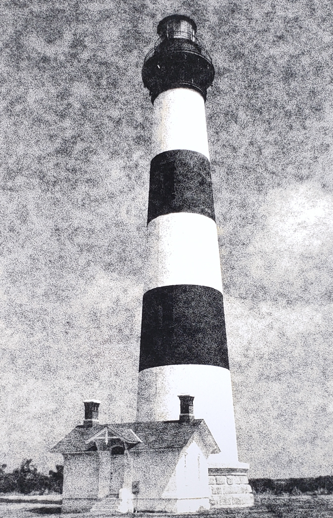 The Bodie Island Light Station has stood sentinel near Nags Head NC since 1872. B&W handcrafted alternative process photograph (original silver emulsion print from paper negative). © WJ Eastman Offered by GALLERY5X7.
