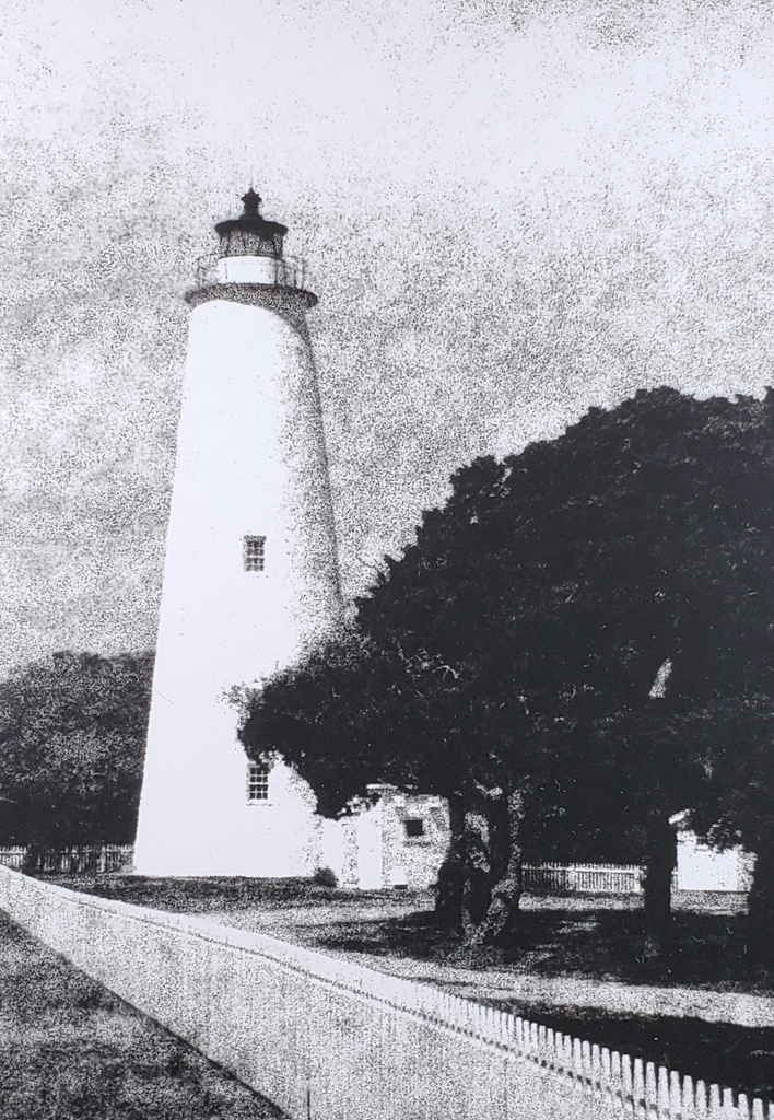The Ocracoke Island Lighthouse has been a landmark of the NC Outer Banks since 1823. B&W handcrafted alternative process photograph (original silver emulsion print from paper negative). "Ocracoke Island Light" © WJ Eastman Offered by GALLERY5X7