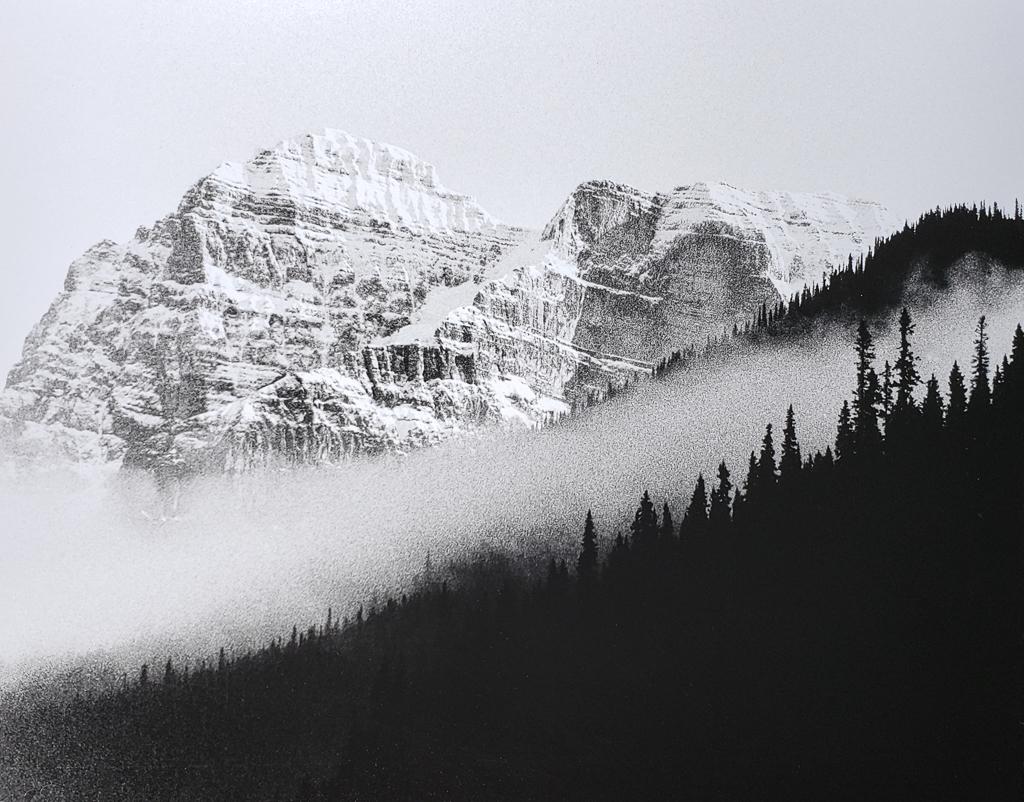 Morning fog settles into mountain valley in the Canadian Rocky Mountains. B&W handcrafted alternative process photograph (original silver emulsion print from paper negative). © WJ Eastman Offered by GALLERY5X7