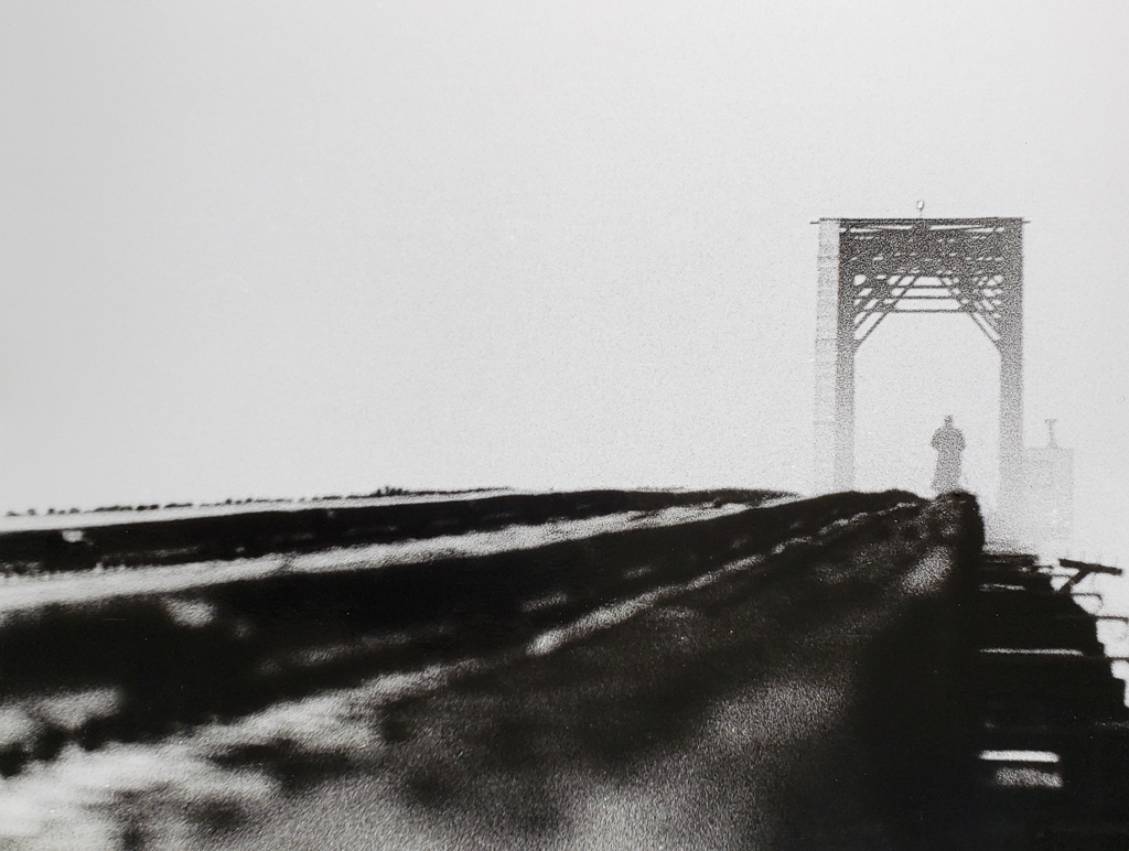 Train trestle keeper on his morning watch, shrouded in fog. B&W handcrafted alternative process photograph (original silver emulsion print from paper negative). "Trestle Guardian" © WJ Eastman. Offered by GALLERY5X7.