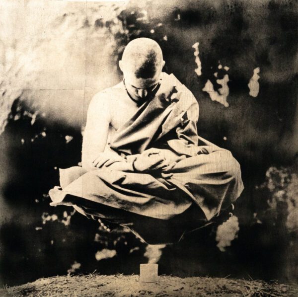 The endless power of the human mind. "Bohemian Buddha" © David Heger. Approx. 20x20" handcrafted alternative process print (antracotypia, resinotype) on white plastic board; black pigment over imitation gold; wood frame, no glass). Signed, original editioned (1/10) print offered by GALLERY5X7.