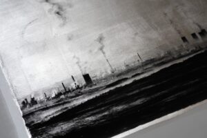 One misty morning in the north of Bohemia. View over the open-cast mine. Approx. 20” x"Industrial Morning (detail 2)" © David Heger. Offered by GALLERY5X7. 20" handcrafted alternative process print (antracotypia (resinotype) on white plastic board; black pigment over real silver; wood frame, no glass). Edition #1/10. Signed original print offered by GALLERY5X7.