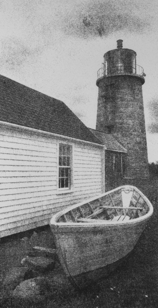 “Monhegan Light and Skiff” © David Aimone. Approx. 6” x 10" handcrafted gum oil print on Arches Platine paper. Signed single edition print offered by GALLERY5X7 at $325.