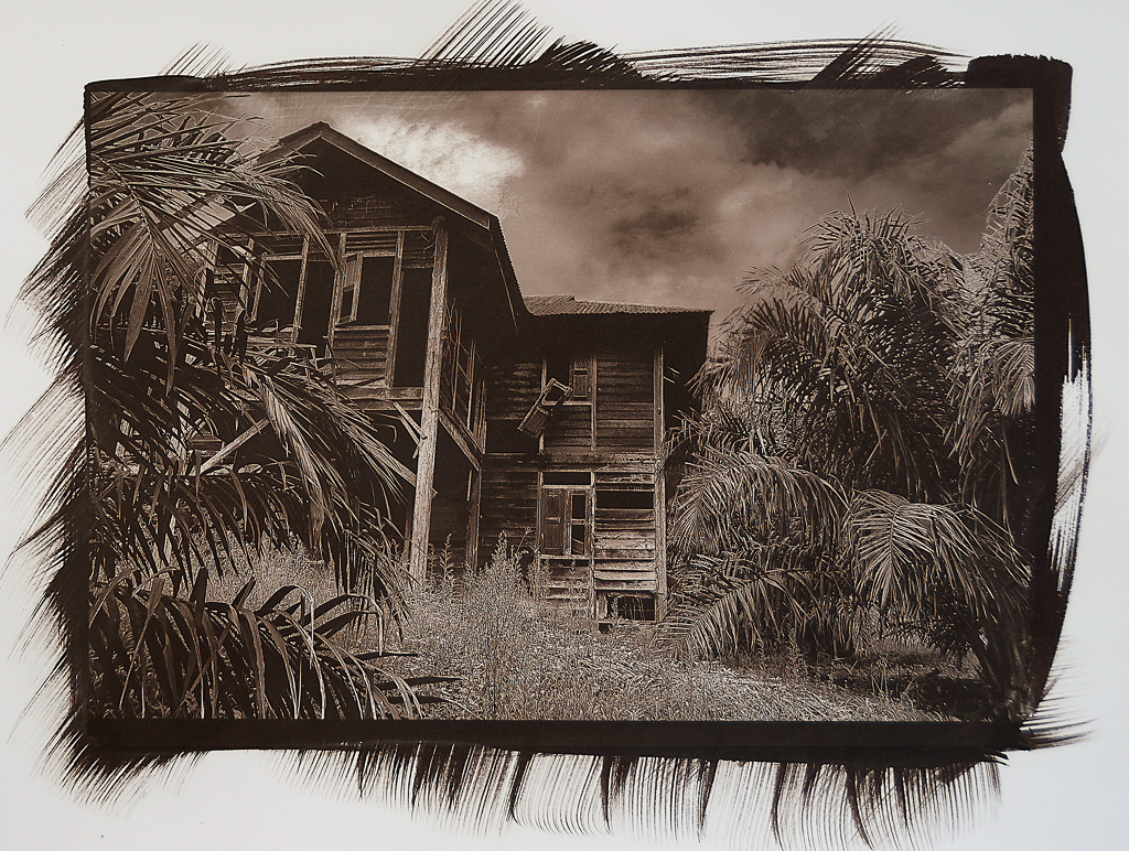 “House in Haunted Grove” © Richard Kynast. “The house is guarded by monkeys.” Approx 17x25cm / 6.5x10” on 11x14” Bergger COT320. Handcrafted alternative process photograph (Kallitype silver solution from a digital negative). Print is signed, offered by GALLERY5X7 at $250.