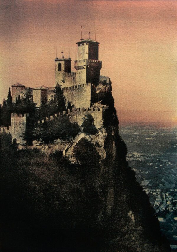 “The Fortress Of Guaita On Mount Titano" © Anna Melnikova. Republic of San Marino. Italy. Approx. 16x11" (41x29cm) handcrafted alternative process photograph (gum bichromate print from a single negative, four natural-pigment color layers on Lana watercolor paper). GALLERY5X7 offers this original, signed print.