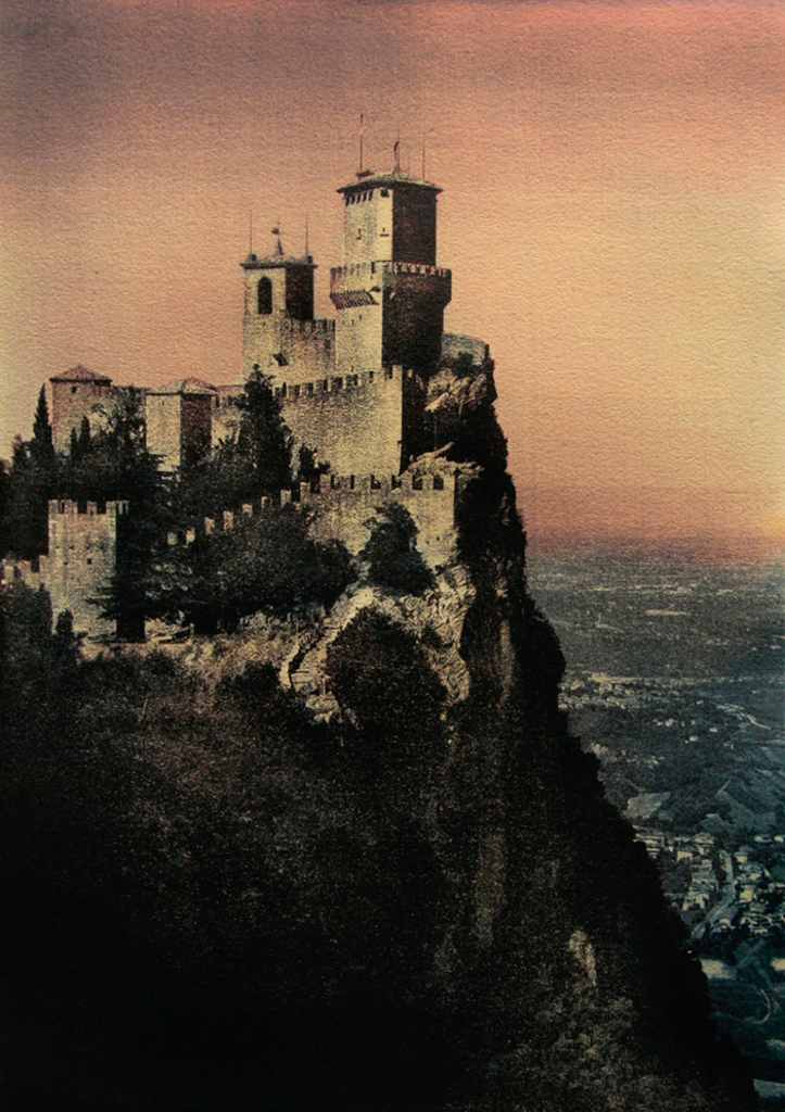 “The Fortress Of Guaita On Mount Titano" © Anna Melnikova. Republic of San Marino. Italy. Approx. 16x11" (41x29cm) handcrafted alternative process photograph (gum bichromate print from a single negative, four natural-pigment color layers on Lana watercolor paper). GALLERY5X7 offers this original, signed print at $750.