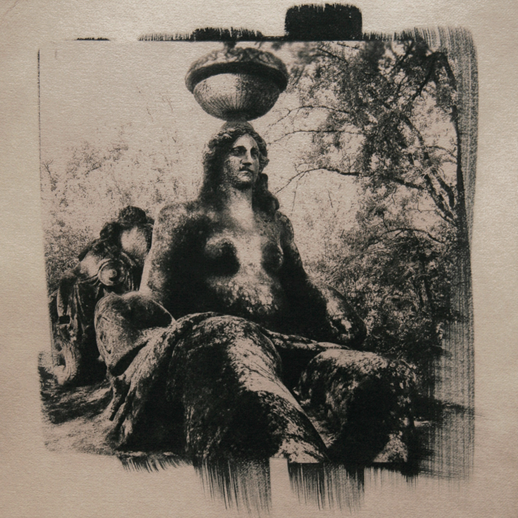 “The Sacro Bosco 3" © Anna Melnikova. From the series "The Sacro Bosco" Bomarzo, Italy. Approx. 10x10" (25x25cm) handcrafted alternative process photograph (original cyanotype print, double toning on Fabriano Artistico paper from a digital negative). GALLERY5X7 offers this original, signed print at $400.