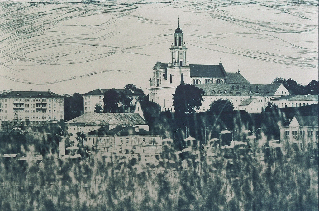 "Grodno, Belarus" © Victor Senkov. "Grodno, Belarus" is a part of the series “Cityscape from the river side.” Approx. 7.7x11" (19.5x28.5cm) handcrafted alternative process photograph (cyanotype, toned from dry point and pencil over paper negative). GALLERY5X7 offers this signed, numbered and stamped original artist print at $250.
