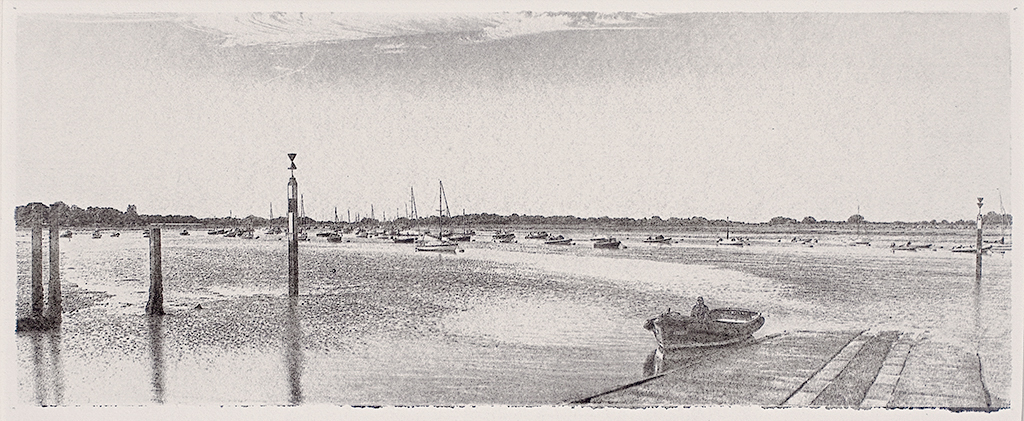 "Bosham Harbour At Low Tide" © Alan Glover. Approx 13.5x5” handcrafted gum bichromate print from a single negative using watercolour pigments on Hahnemuhle Platinum Rag paper. GALLERY5X7 offers this original print, signed on the mount (mount size 17.5x9”), at $250.