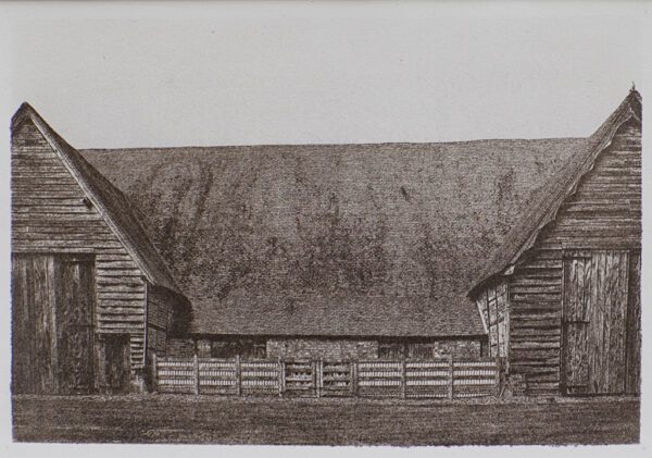 "Leigh Court Barn" © Alan Glover. Approx 11x7.5” handcrafted gum bichromate print from a single negative using watercolour pigments on Hahnemuhle Platinum Rag paper. GALLERY5X7 offers this original print, signed on the mount (mount size 16x12”).
