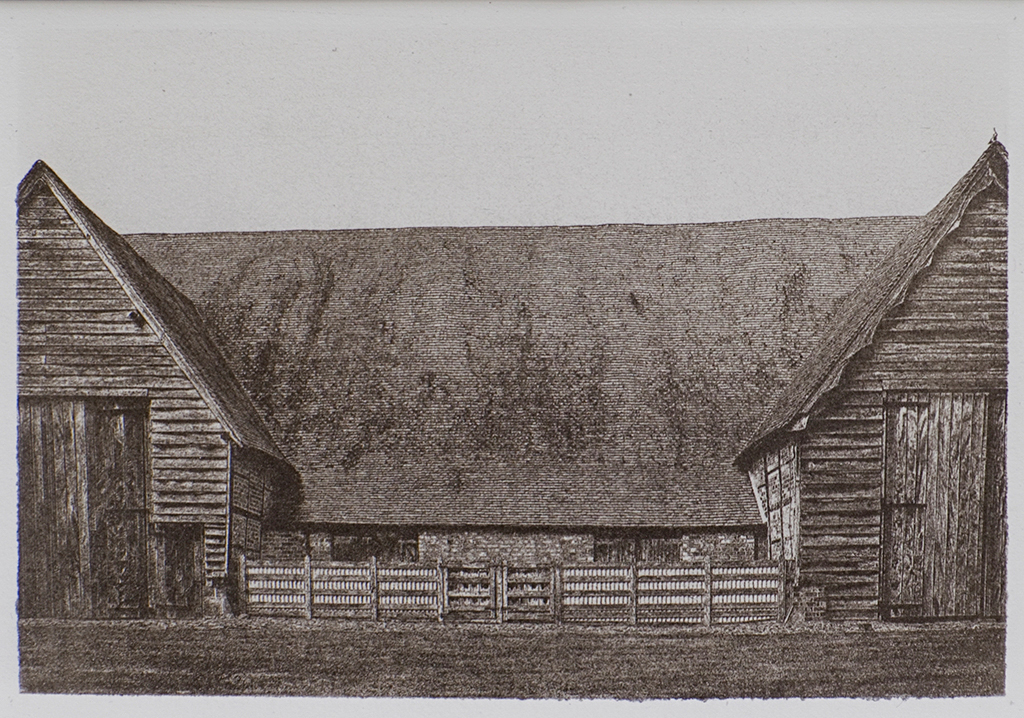 "Leigh Court Barn" © Alan Glover. Approx 11x7.5” handcrafted gum bichromate print from a single negative using watercolour pigments on Hahnemuhle Platinum Rag paper. GALLERY5X7 offers this original print, signed on the mount (mount size 16x12”), at $250.