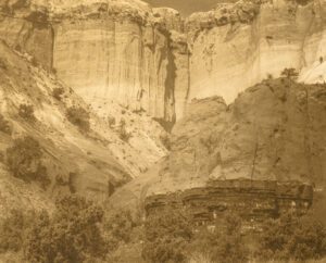 “Rio Arriba County Near Ghost Ranch New Mexico" © Tom Wise. Escarpment in Rio Arriba County near Ghost Ranch New Mexico on road to Christ in the Desert Monastery. Approx. 6x7.5" (15.2x19.1cm) handcrafted alternative process photograph (gum bichromate over palladium-toned kallitype). GALLERY5X7 offers this signed, editioned original print.