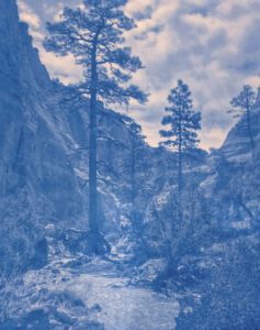 "Tent Rocks National Monument" © Tom Wise. Cave Loop Trail at Tent Rocks National Monument in New Mexico. Approx. 5x6.75" (12.7x17.1cm) handcrafted alternative process photograph (cyanotype). GALLERY5X7 offers this signed, original print.
