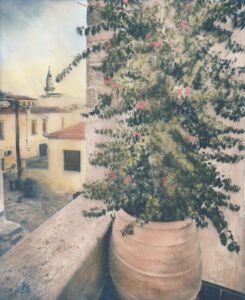 “Bougainvillea” © Alex Mavromaras. Overlooking an old Mosque in the island of Crete. Approx. 6.5x8" (17x20cm) handcrafted alternative process photograph (toned cyanotype on vellum, etched and painted over with drawing and watercolor pencils). GALLERY5X7 offers this signed, original print.