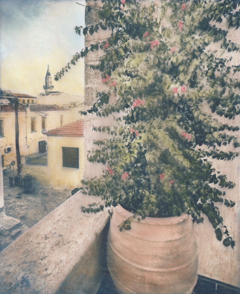 “Bougainvillea” © Alex Mavromaras. Overlooking an old Mosque in the island of Crete. Approx. 6.5x8" (17x20cm) handcrafted alternative process photograph (toned cyanotype on vellum, etched and painted over with drawing and watercolor pencils). GALLERY5X7 offers this signed, original print at $250.