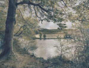 “Lakeside” © Alex Mavromaras. An earthly scene of tranquility. Approx. 8x6.5" (20x17cm) handcrafted alternative process photograph (toned cyanotype on vellum, etched and painted over with drawing and watercolor pencils). GALLERY5X7 offers this signed, original print.