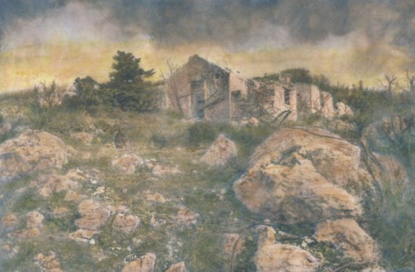 “Mont Parnes” © Alex Mavromaras. The ruins of an abandoned cottage on the mountain top. Approx. 9.5x6" (24x15cm) handcrafted alternative process photograph (toned cyanotype on vellum, etched and painted over with drawing and watercolor pencils). GALLERY5X7 offers this signed, original print.