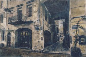 “Old Town” © Alex Mavromaras. Walking after the Holy Mass down the old market in Chania, Crete. Approx. 10x6.5" (25x17cm) handcrafted alternative process photograph (toned cyanotype on vellum, etched and painted over with drawing and watercolor pencils). GALLERY5X7 offers this signed, original print.