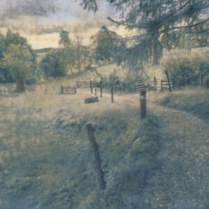 "Pausilipon" © Alex Mavromaras. Early morning walk in the park. Approx. 8.5x6.5" (22x17cm) handcrafted alternative process photograph (toned cyanotype on vellum, etched and painted over with drawing and watercolor pencils). GALLERY5X7 offers this signed, original print.