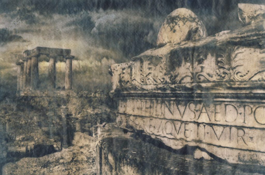 “Roman Dawn” © Alex Mavromaras. Storm building behind a Roman temple in ancient Corinth. Approx. 9.5x7" (24x18cm) handcrafted alternative process photograph (toned cyanotype on vellum, etched and painted over with drawing and watercolor pencils). GALLERY5X7 offers this signed, original print.