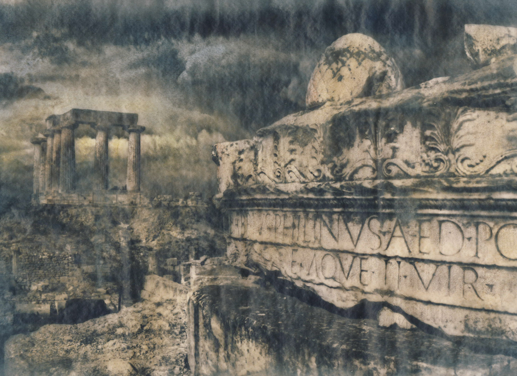 “Roman Dawn” © Alex Mavromaras. Storm building behind a Roman temple in ancient Corinth. Approx. 9.5x7" (24x18cm) handcrafted alternative process photograph (toned cyanotype on vellum, etched and painted over with drawing and watercolor pencils). GALLERY5X7 offers this signed, original print at $250.