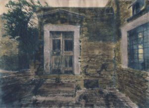 “She Lives Here” © Alex Mavromaras. The doorstep of writer MK’s house in the island of Tinos. Approx. 9.5x7.5" (24x19cm) handcrafted alternative process photograph (toned cyanotype on vellum, etched and painted over with drawing and watercolor pencils). GALLERY5X7 offers this signed, original print.
