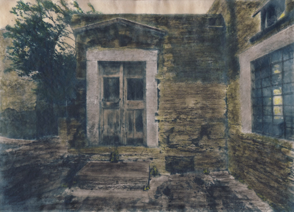 “She Lives Here” © Alex Mavromaras. The doorstep of writer MK’s house in the island of Tinos. Approx. 9.5x7.5" (24x19cm) handcrafted alternative process photograph (toned cyanotype on vellum, etched and painted over with drawing and watercolor pencils). GALLERY5X7 offers this signed, original print at $250.