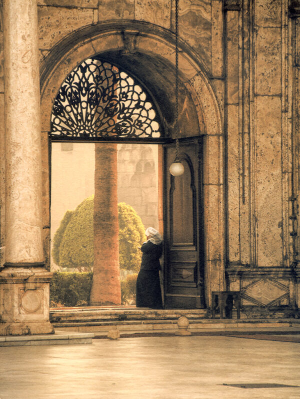 "Morning Light" © Lisa Brussell. Early Morning visit to mosque in Cairo. Approx. 8x6" (20x15cm) handcrafted alternative process photograph (ziatype platinum over pigment) on Hahnemühle Platinum Rag. Signed, original print offered by GALLERY5X7.