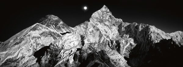 "Mt. Everest With The Super Moon, Mt. Everest Himalayan Region, Nepal" © Mohan Bhasker. I hiked for 10 straight days in the Everest Himalayan Range to capture this very iconic moment on November 16, 2016. I stood at 18,000 ft as my hands shook because of the freezing temperatures as the Super Moon bathed Mt. Everest. I couldn’t stop smiling! Approx. 5x12" (13x31cm) or 8x20" (20x51cm) handcrafted alternative process photograph (silver gelatin, selenium toned) on Ilford Warmtone Glossy paper. Signed, original editioned (1/10) print offered by GALLERY5X7.