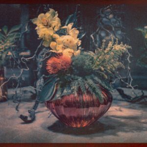 "Flowers In Scarlet Vase" © Graciana Piaggio. Approx. 9x12“ (23x30cm) handcrafted alternative process photograph (eight-color gum bichromate over cyanotype) on Hahnemühle Platinum Rag. Signed original print offered by GALLERY5X7.
