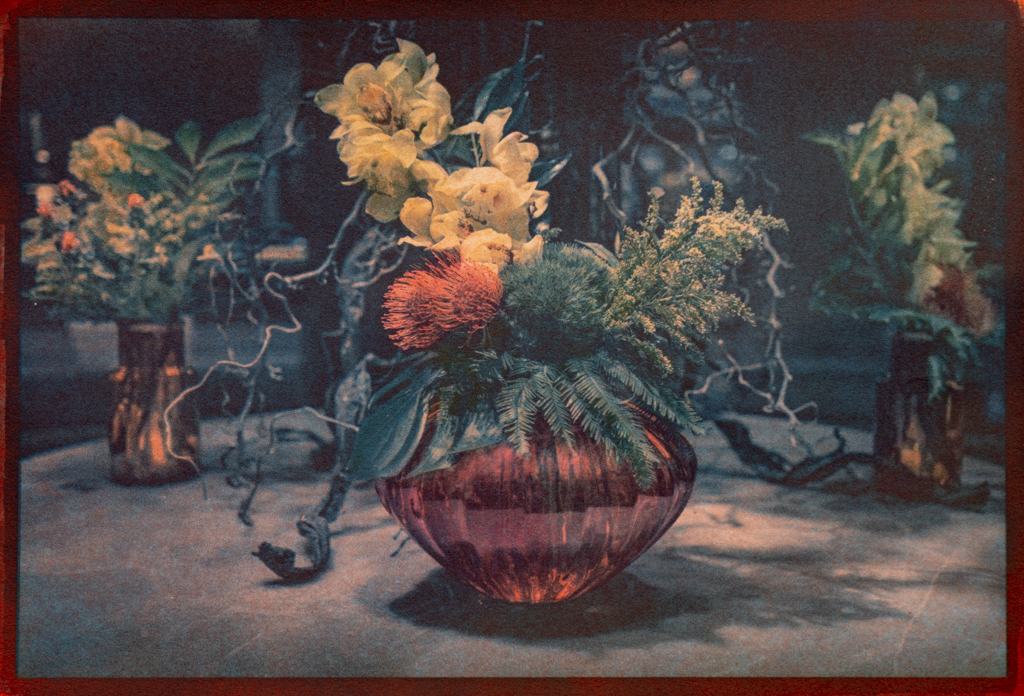 "Flowers In Scarlet Vase" © Graciana Piaggio. Approx. 9x12“ (23x30cm) handcrafted alternative process photograph (eight-color gum bichromate over cyanotype) on Hahnemühle Platinum Rag. Signed original print offered by GALLERY5X7.